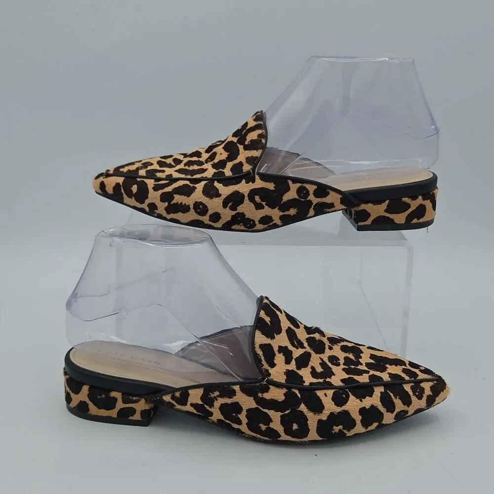 Cole Haan Piper Ocelot Leopard Calf Hair Loafer Mules Pointed Toe Slides Sz 6